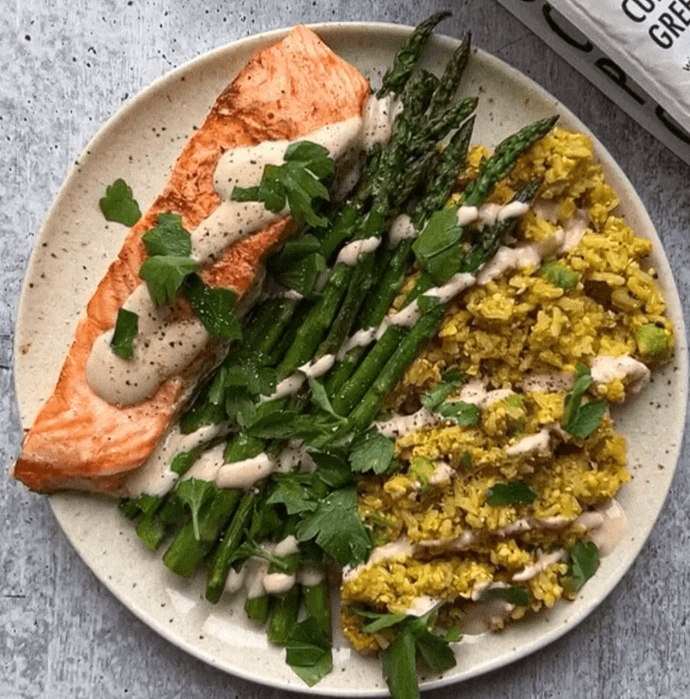 Spicy Seared Salmon with Curried Brown Rice + Green Chickpea Grains Re