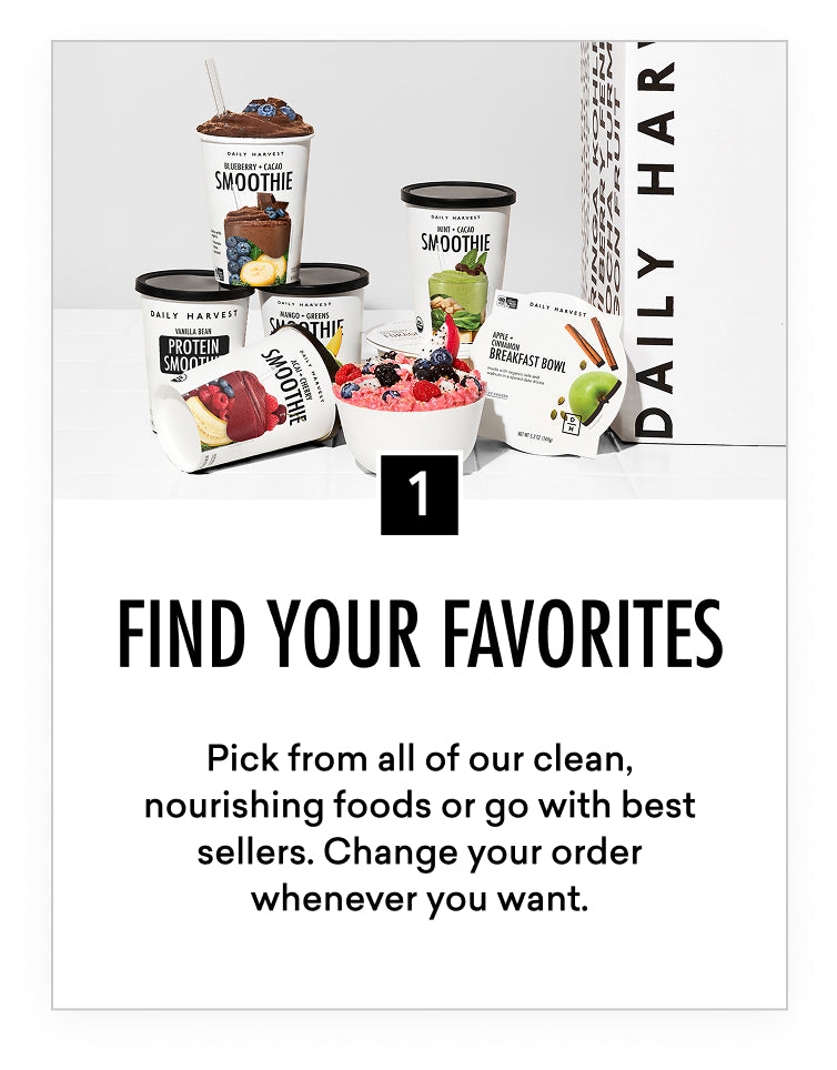 Assorted Daily Harvest smoothie cups and breakfast bowl with fresh fruit and branded packaging on white background