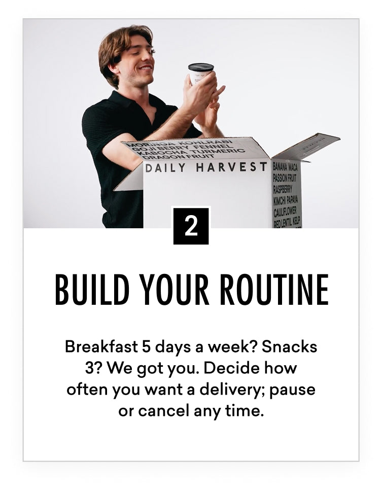 Man happily holding a product container next to a Daily Harvest delivery box on a white background