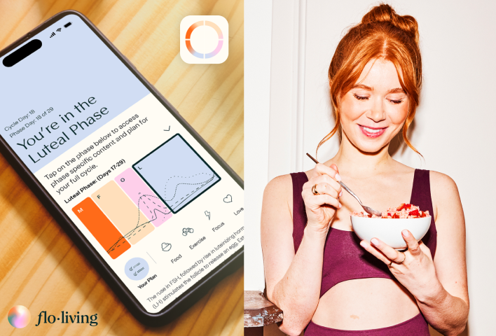 Three smartphone screens showing a health app with cycle tracking, meal planning, and yoga workout features.