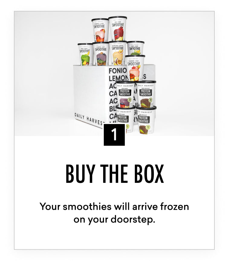 Stack of frozen smoothie cups displayed on and around a white box with product branding and delivery message
