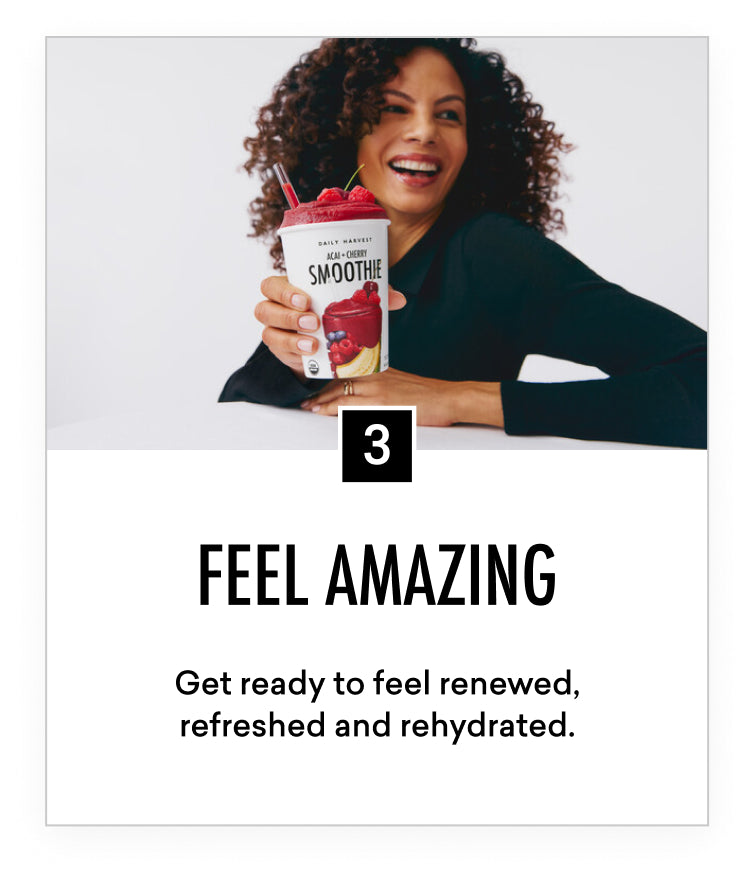 Woman holding a smoothie with text 'Feel Amazing' and promotional message.