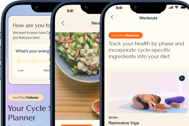 Three smartphone screens showing a health app with cycle tracking, meal planning, and yoga workout features.