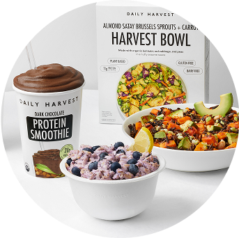 assorted healthy meal options including protein smoothie, harvest bowl, and blueberry oatmeal in white bowls and packaging