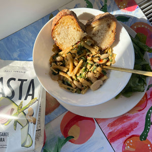 Zucchini + Gigante Bean Primavera Pasta with Crispy Garlic Bread