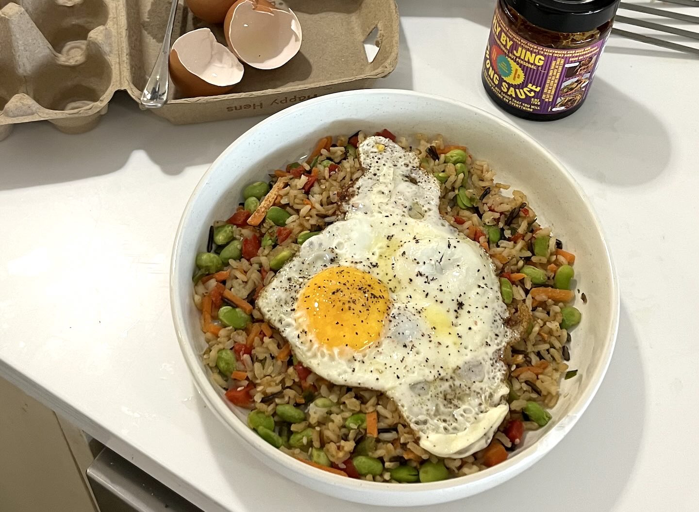 Sesame Fried Rice with Chili Crisp Fried Eggs