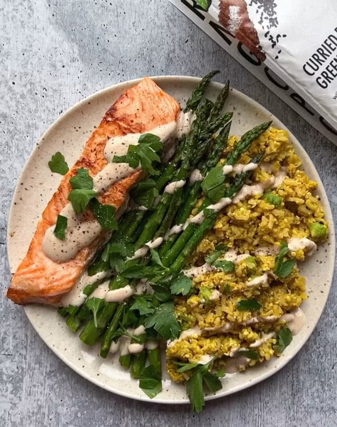 Spicy Seared Salmon with Curried Brown Rice + Green Chickpea Grains Recipe