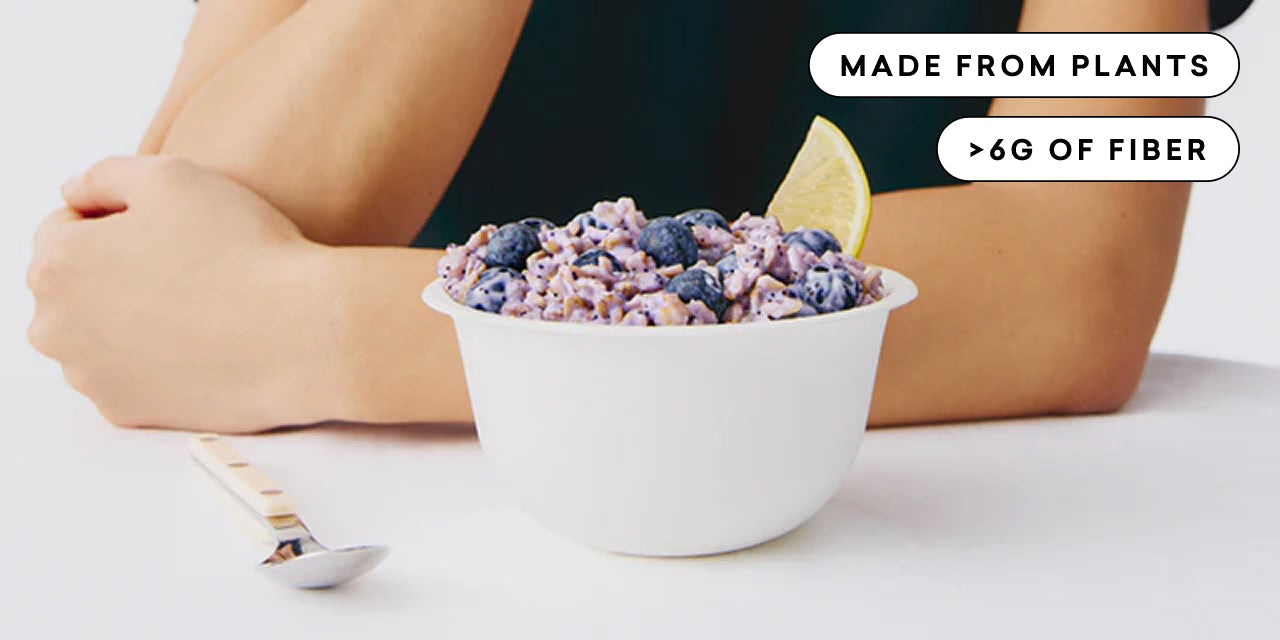 A Blueberry + Lemon Breakfast Bowl garnished with a lemon.