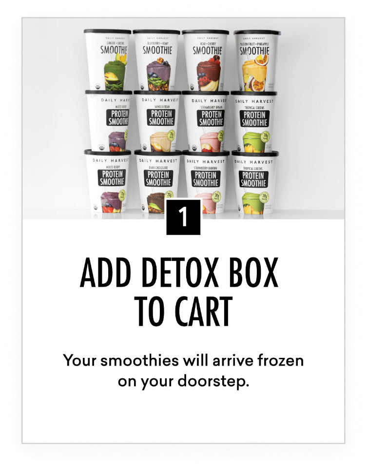Stack of frozen smoothie cups displayed on and around a white box with product branding and delivery message