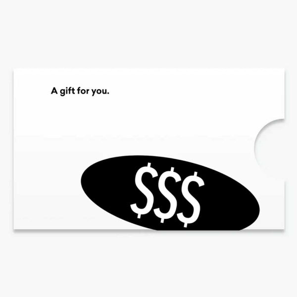 Gift card with 'A gift for you.' text and three dollar signs on a white background