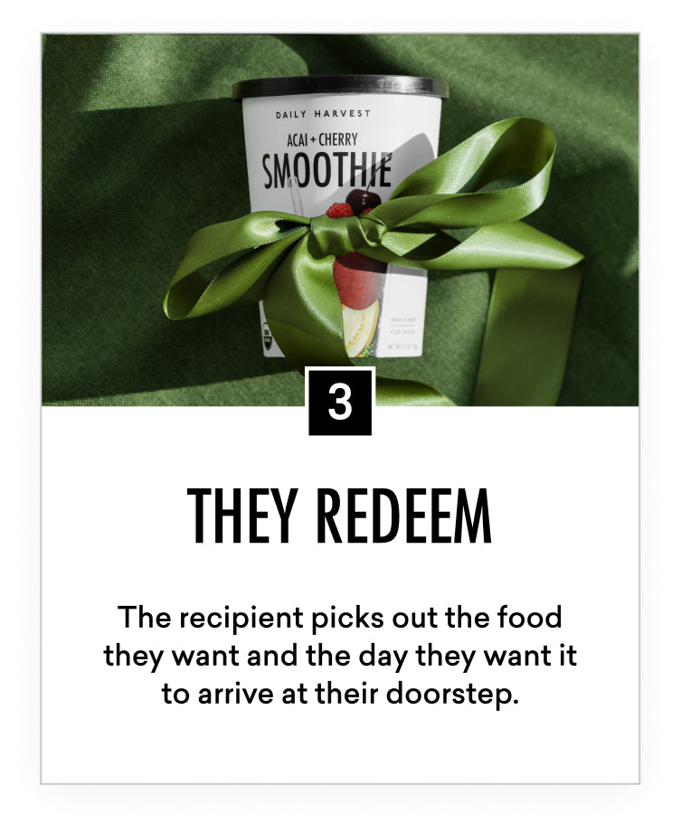 They redeem.The recipient picks out the food they want and the day they want it to arrive at their doorstep.