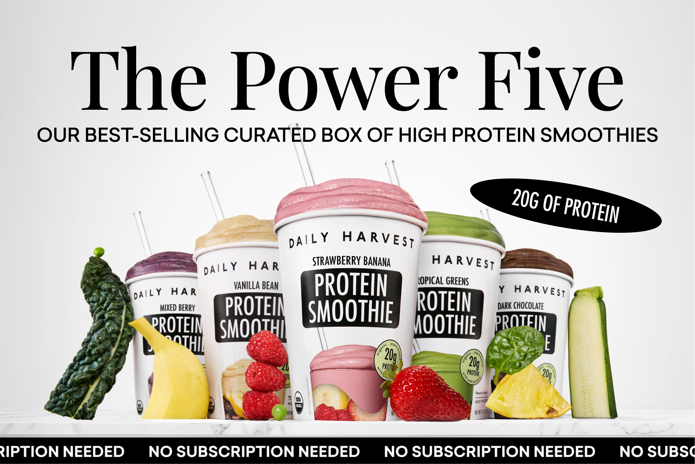 Daily Harvest protein smoothie containers with promotional text on a white background
