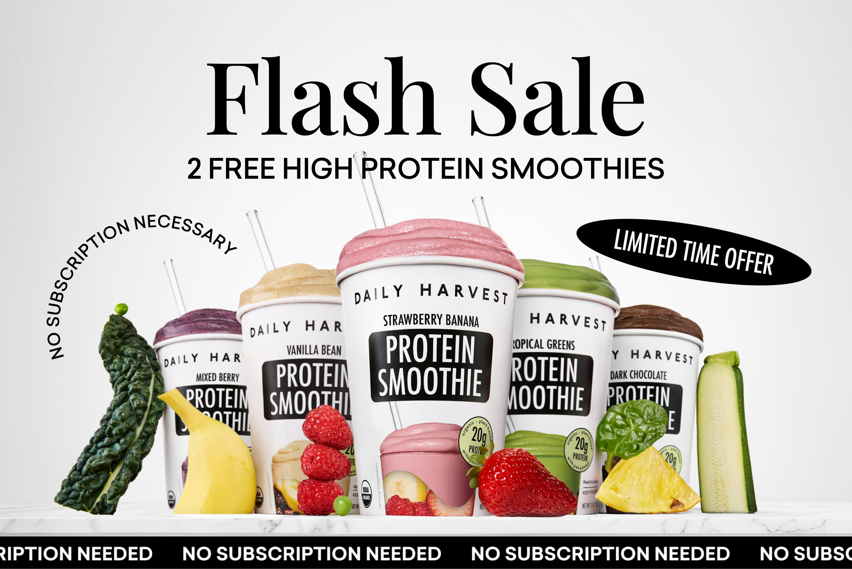 Daily Harvest protein smoothie containers with promotional text on a white background. No subscription necessary