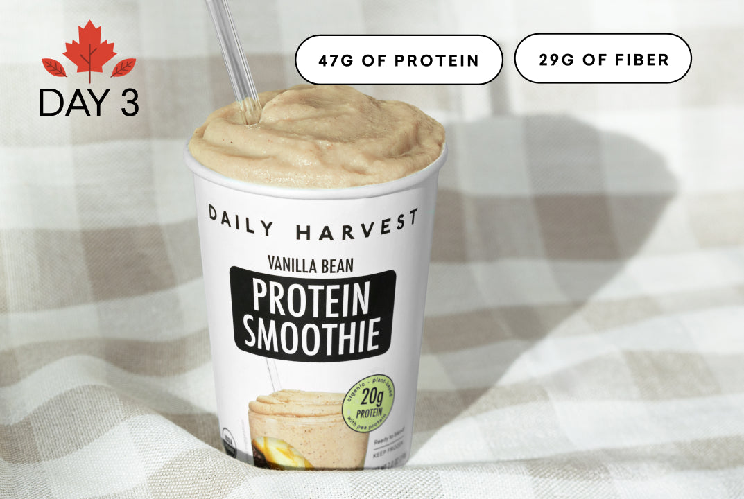 Daily Harvest Vanilla Bean Protein Smoothie container with nutritional information on a checkered tablecloth.