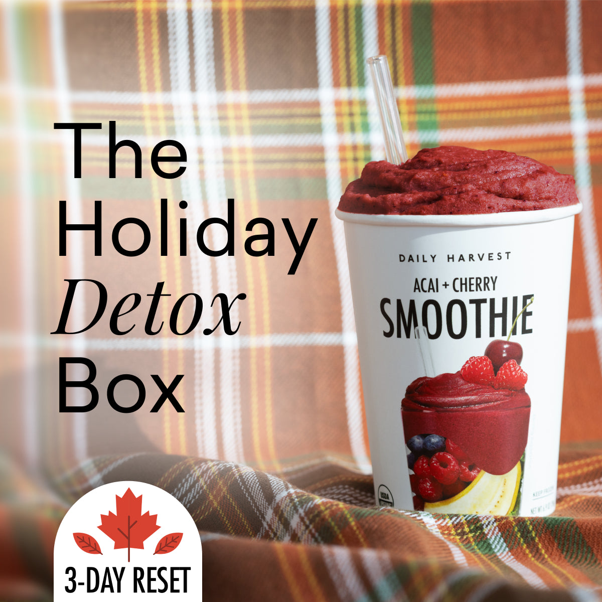 Box labeled 'Daily Harvest' with '3-Day Reset' on a blurred autumn leaf background.