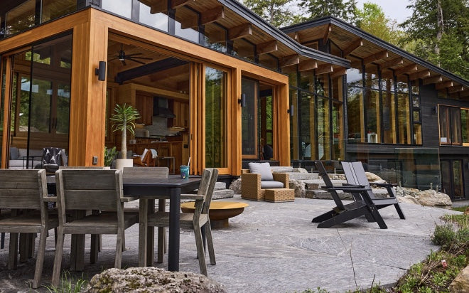 Modern lakeside cottage patio in Muskoka, Ontario