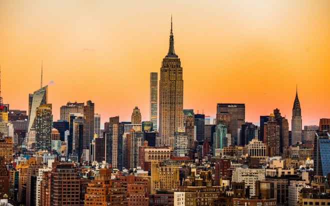 New York City skyline at sunset