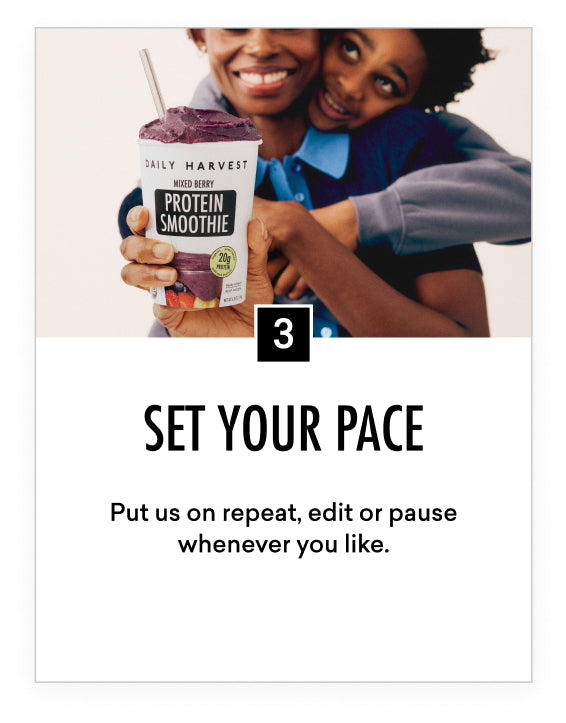 Two people holding a Daily Harvest protein smoothie container with text 'Set Your Pace' and promotional message.