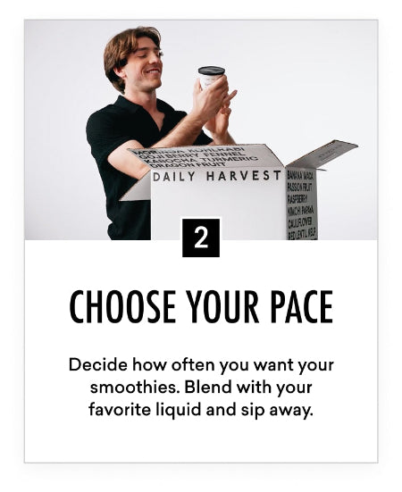 Person holding a coffee cup with a Daily Harvest box in the background, featuring text about choosing a smoothie pace.
