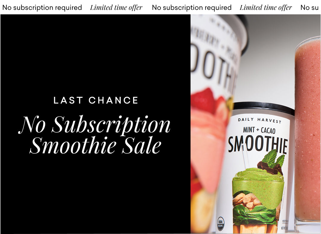 Daily Harvest smoothie container with a pink smoothie and promotional text on a black background