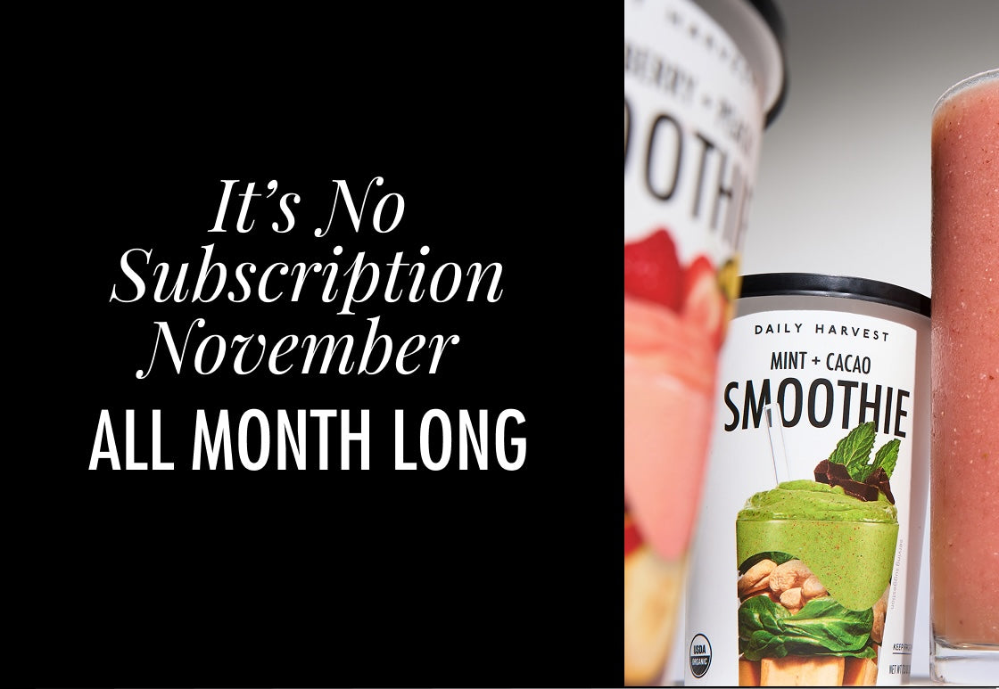 Daily Harvest smoothie container with a pink smoothie and promotional text on a black background