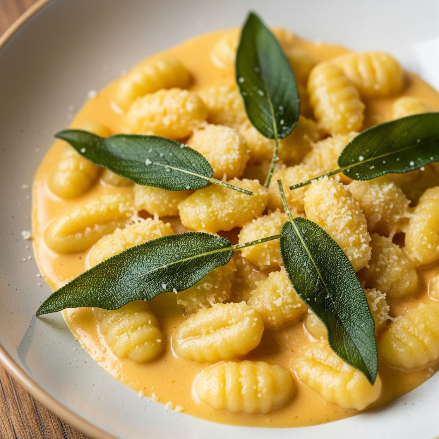Gnocchi with a creamy sauce and sage leaves on a white plate