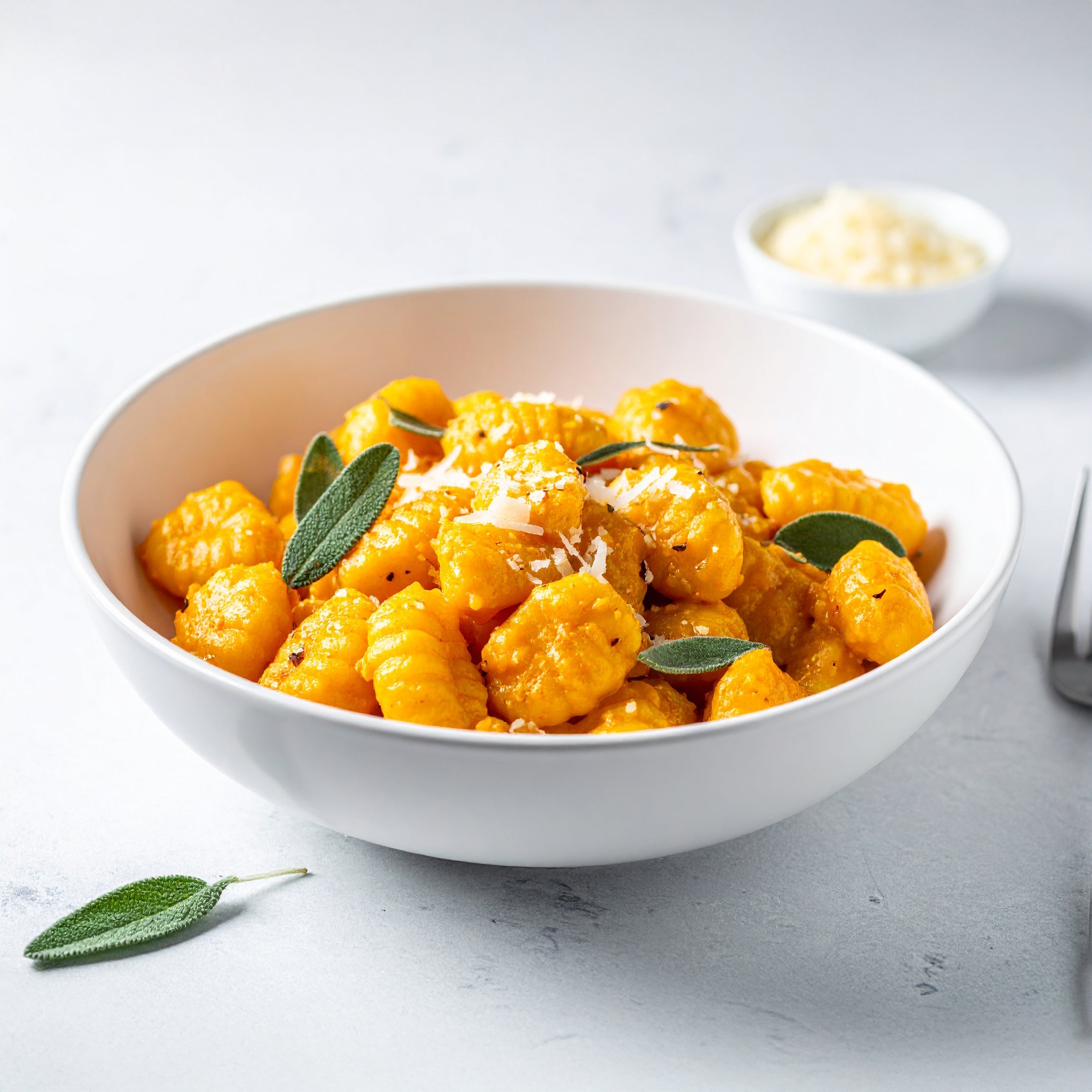 Gnocchi with a creamy sauce and sage leaves on a white plate
