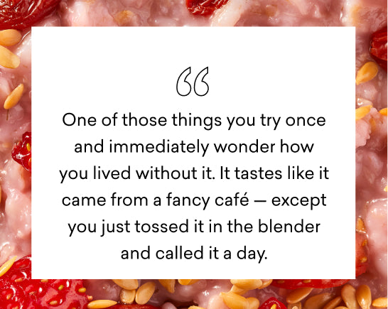 Text overlay on a background of blended ingredients with a quote about blending.