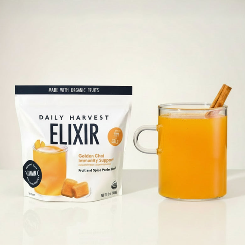 Bag of Daily Harvest Elixir Golden Chai on a white background
