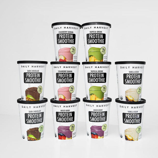 A box of ten Daily Harvest protein smoothies with various flavors.