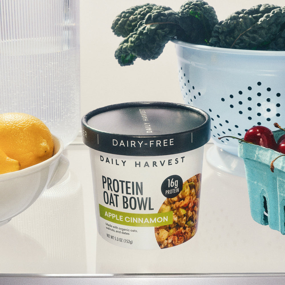 Dairy-free protein oat bowl container with fruits and vegetables on a table