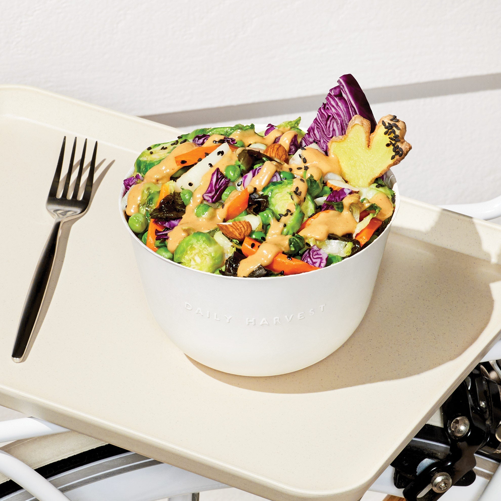 Image of Daily Harvest Brussels Sprouts + Sesame Harvest Bowl prepared and plated.