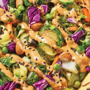 Close up image of Daily Harvest Brussels Sprouts + Sesame Harvest Bowl prepared.